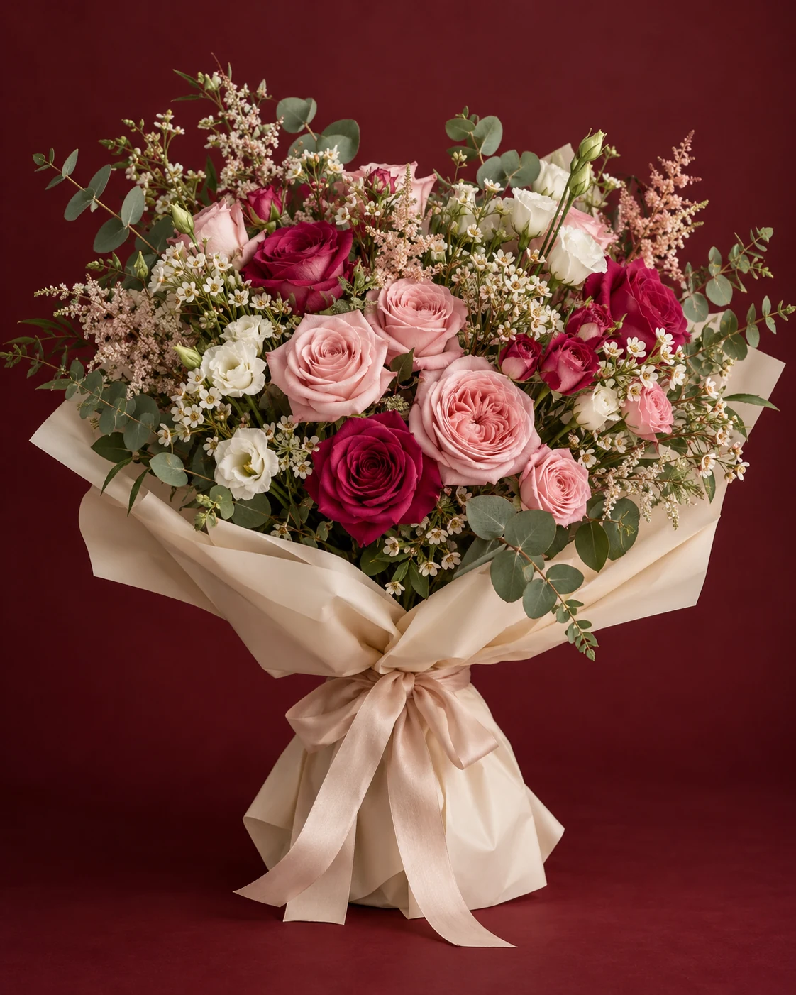 Inspiración floral: ramo de rosas rosas, flores blancas y eucalipto